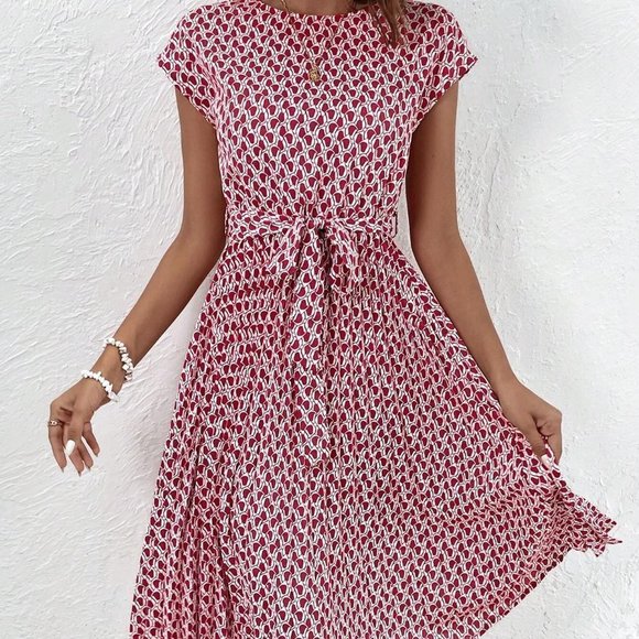 Red Womens Allover Print Batwing Sleeve Belted Dress - Picture 5 of 5